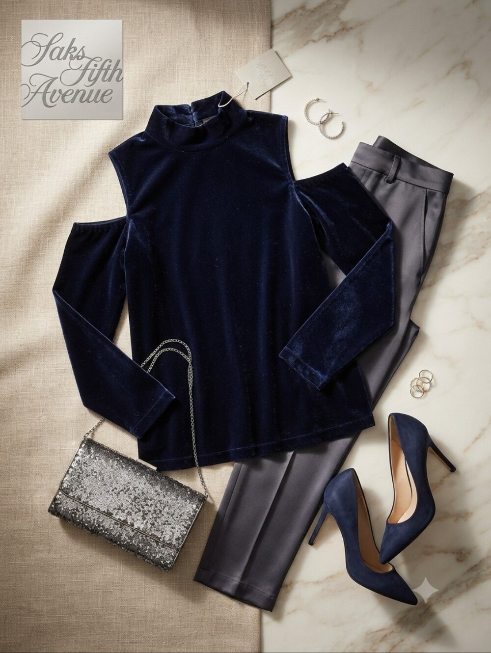 Saks Fifth Avenue Dark Blue Velvet High Neck Cold Shoulder Top